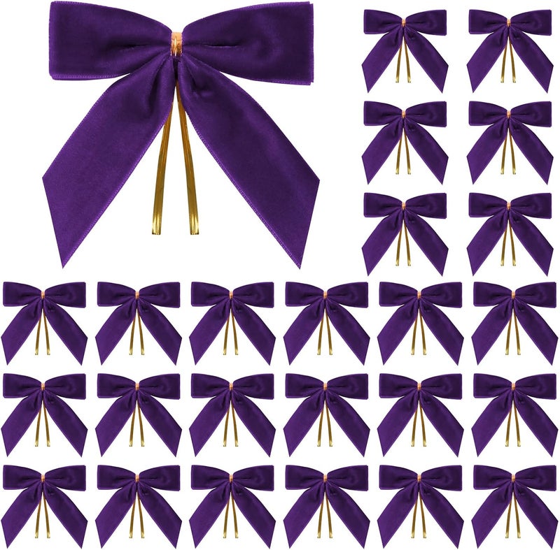 Utehilly 24 Pcs Purple Small Velvet Christmas Bows for Christmas Tree, Wreath, Gift Wrapping, Crafts, Wedding, Party, Twist Tie Bows for Treat Bag Bakery Candy Bags, Home Decor 1" W,3.5 x 3.5 inch - Image 1